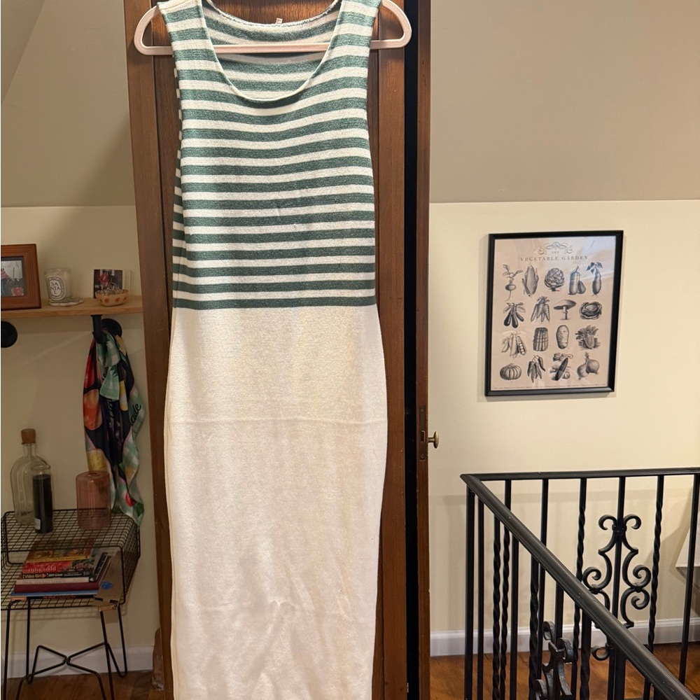 Sleeveless Green Stripe & White Knit Midi Dress